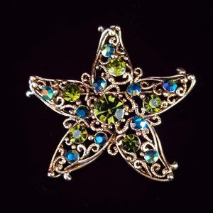 Starfish Blue & Green Rhinestone Gold Tone Filigree Brooch Pin